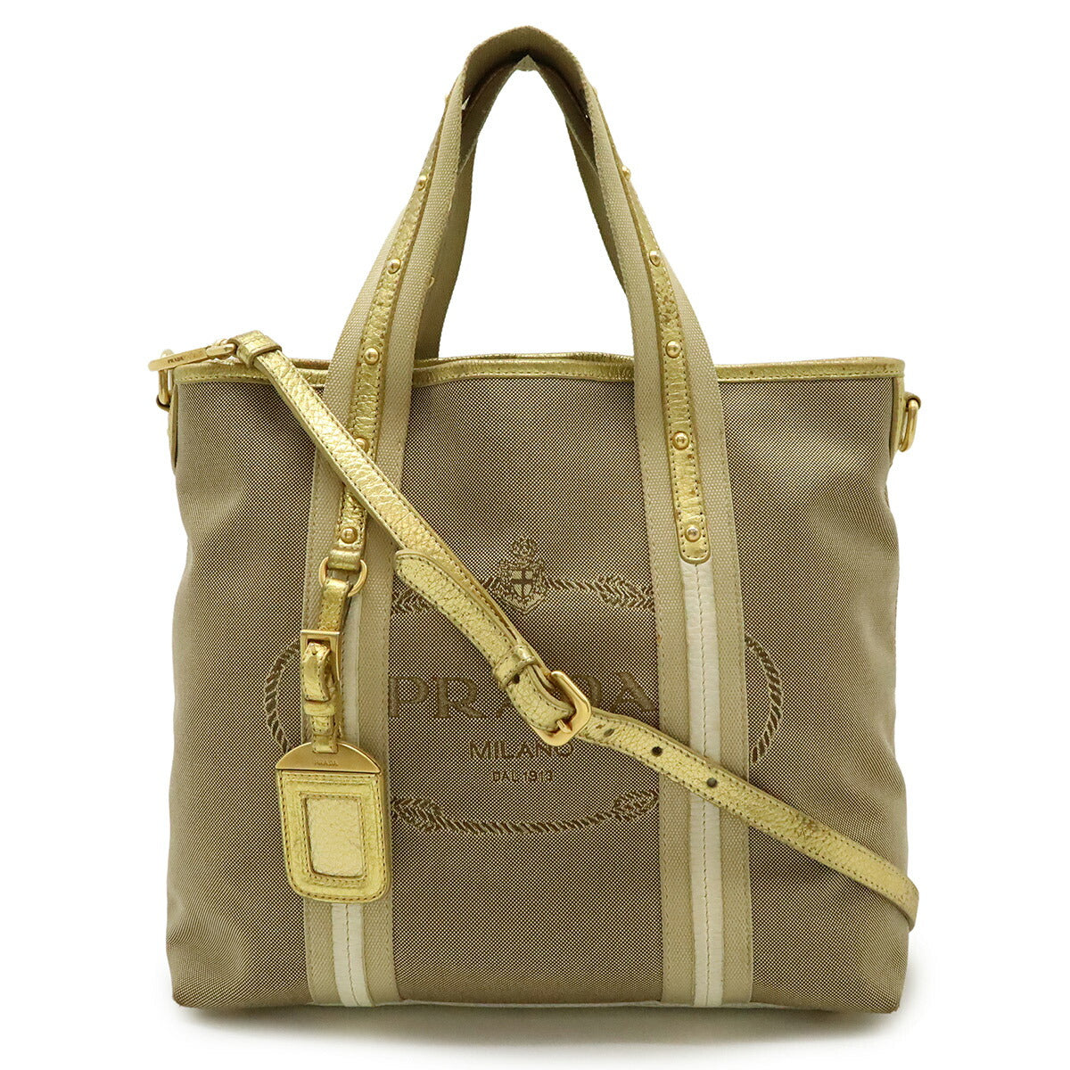 Prada BN1452 Canvas Metallic Leather 2way Tote Bag