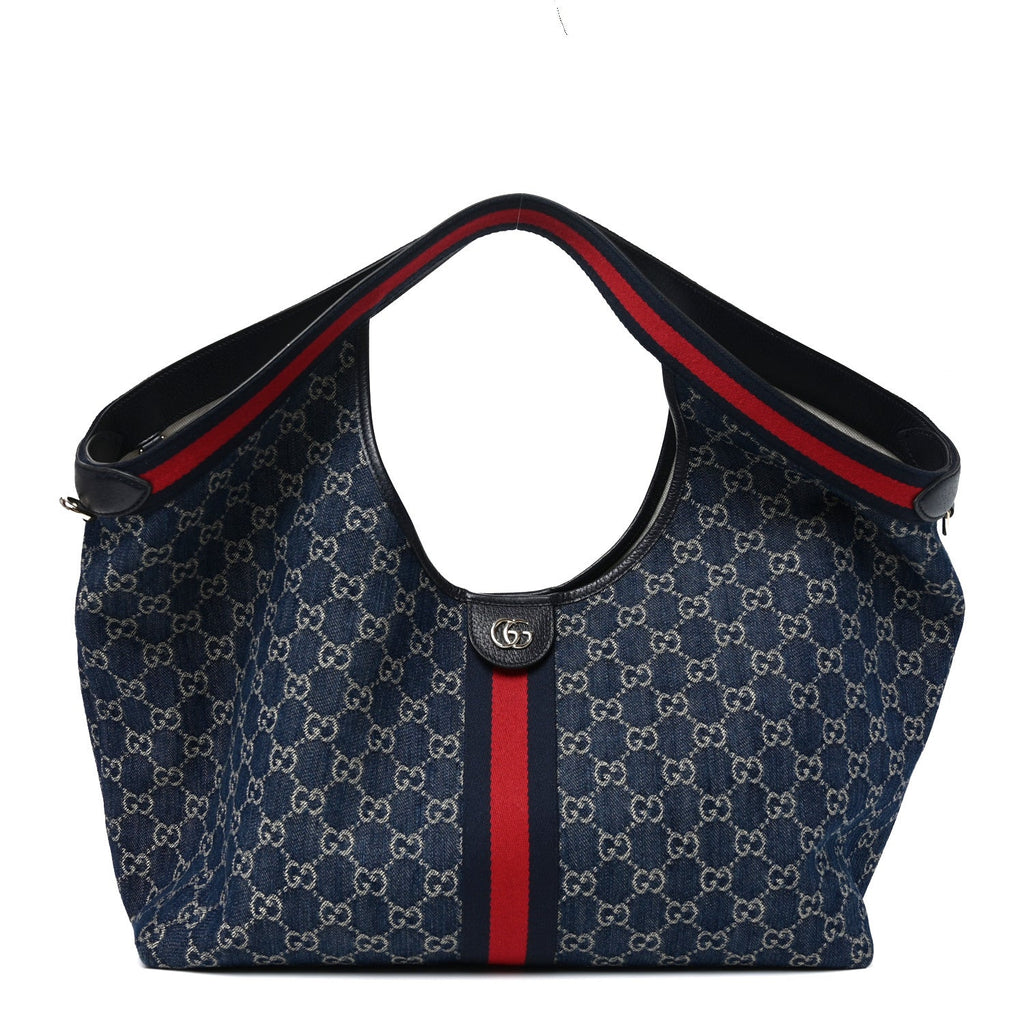 Denim GG Monogram Web Large Giglio Tote Blue