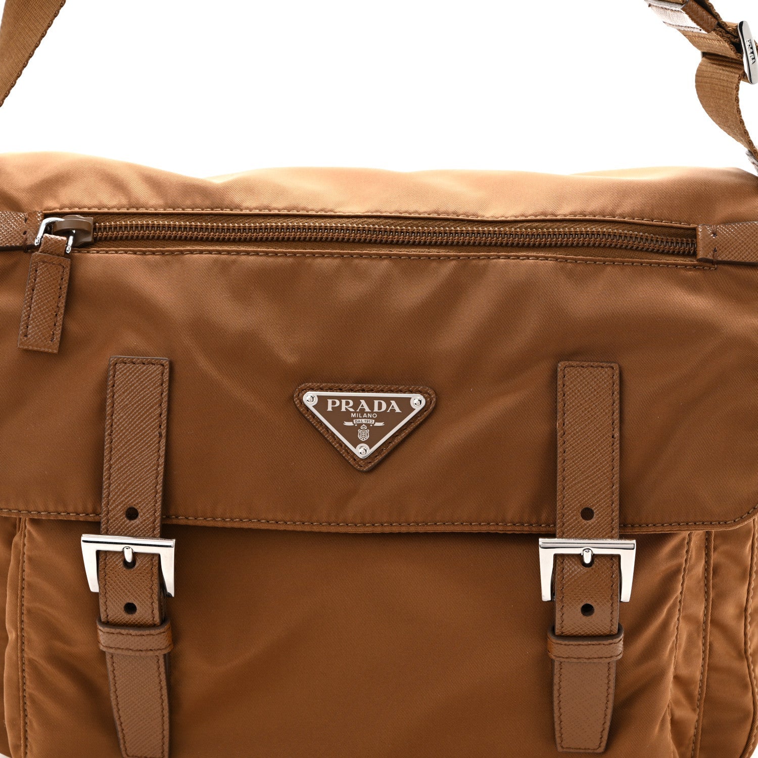 Re-Nylon Vela Saffiano Pocket Double Buckle Messenger Shoulder Bag Brandy