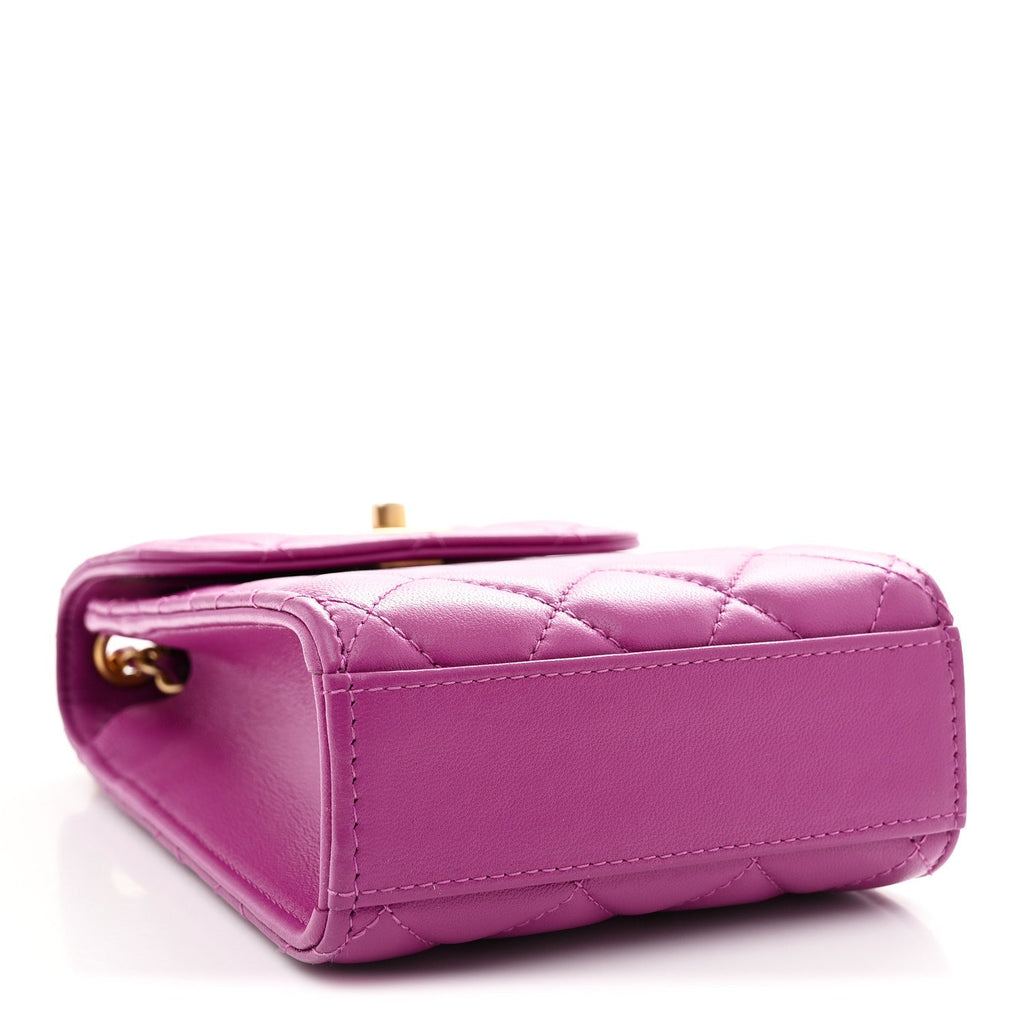Lambskin Quilted Pearl Crush Phone Holder With Chain Purple