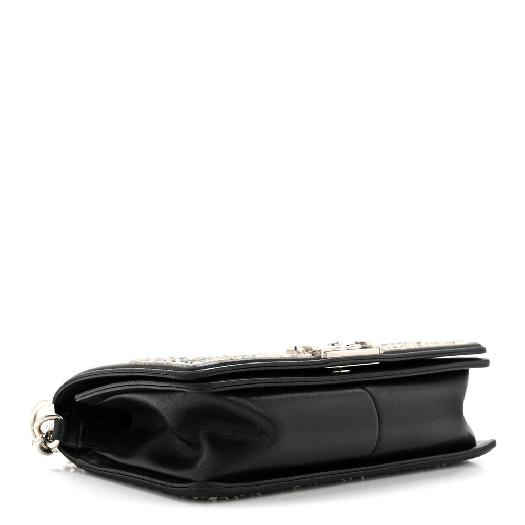Calfskin Tweed Sequin Stitched Medium Boy Flap Black White