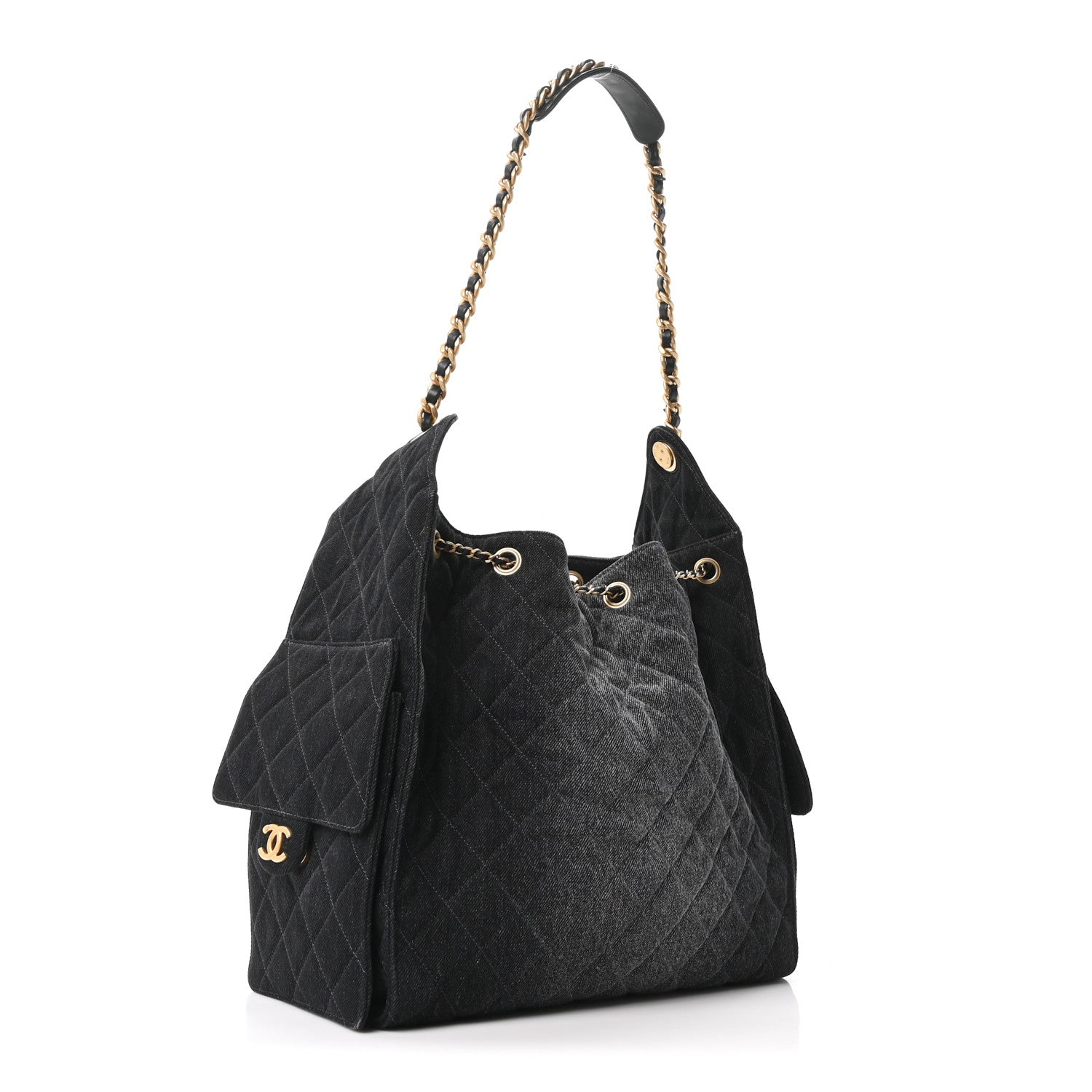 Washed Denim Quilted Medium Chanel 25 Handbag Black