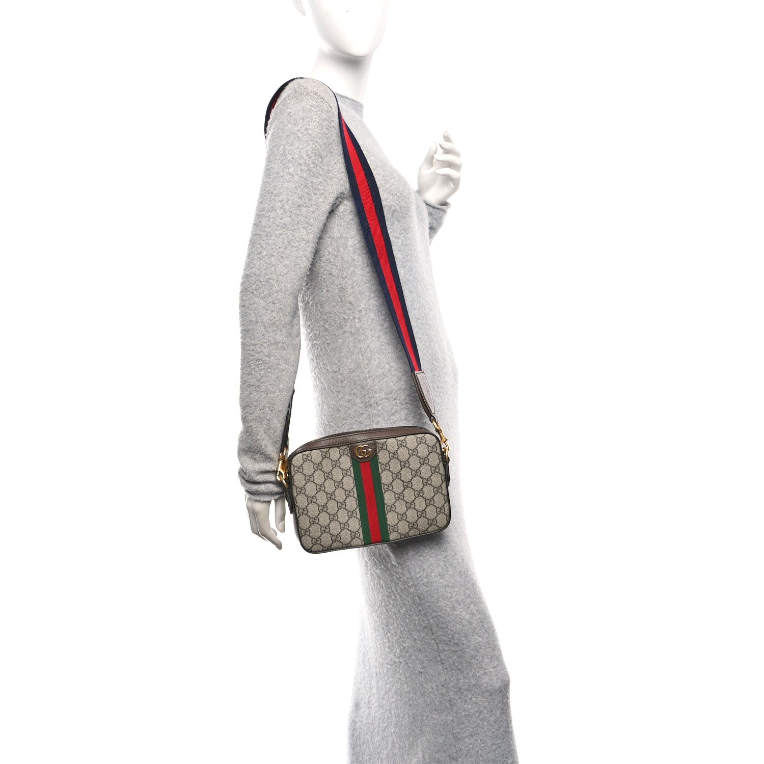 GG Supreme Monogram Textured Dollar Calfskin Web Ophidia Wristlet Shoulder Bag Beige Ebony New Acero