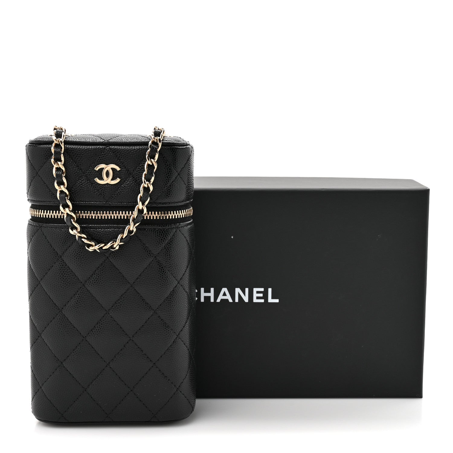 Caviar Quilted Phone Holder With Chain Black