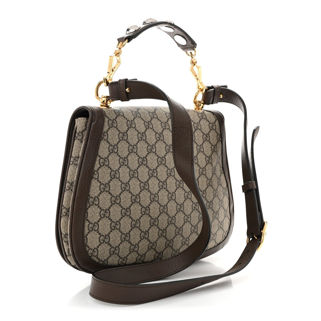 GG Supreme Monogram Textured Dollar Calfskin Web Medium Blondie Top Handle Shoulder Flap Bag Beige Ebony New Acero
