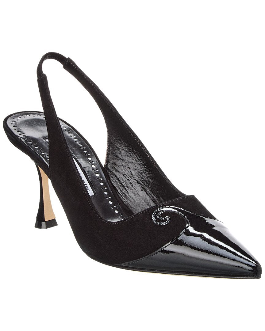 Manolo Blahnik Zaborus 70 Leather & Suede Slingback Pump Black