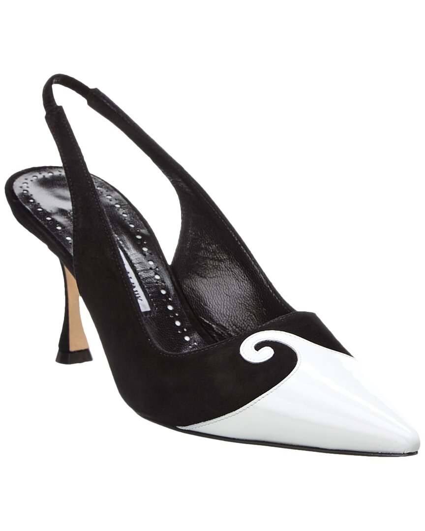 Manolo Blahnik Zaborus 70 Leather & Suede Slingback Pump White