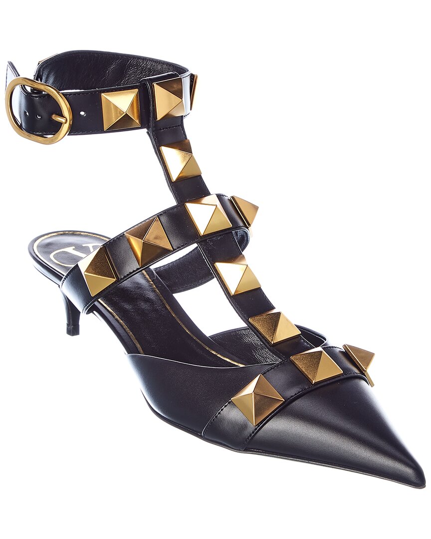 Valentino Roman Stud 40 Leather Ankle Strap Pump Black 36