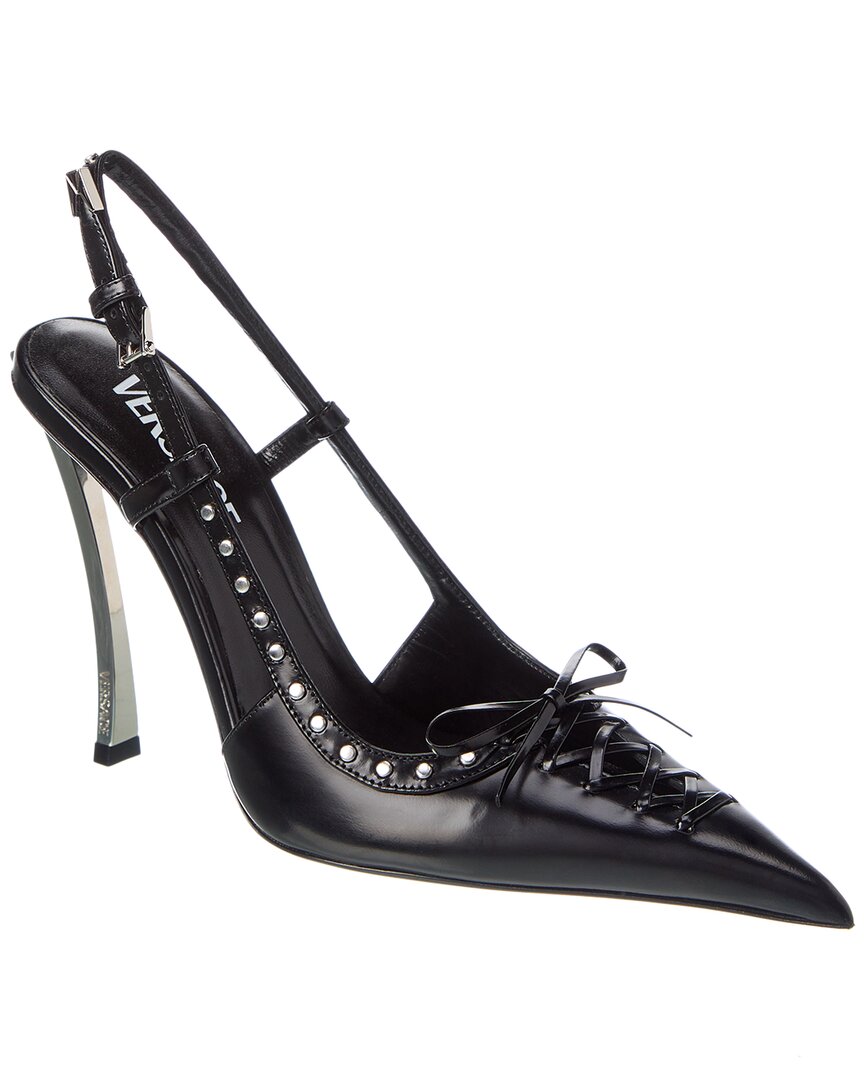 Versace Laced Pin-Point Leather Slingback Pump Black 36