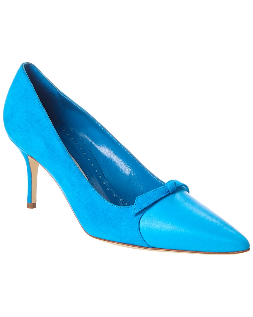 Manolo Blahnik Rinialo Bow 70 Suede & Leather Pump Blue 36