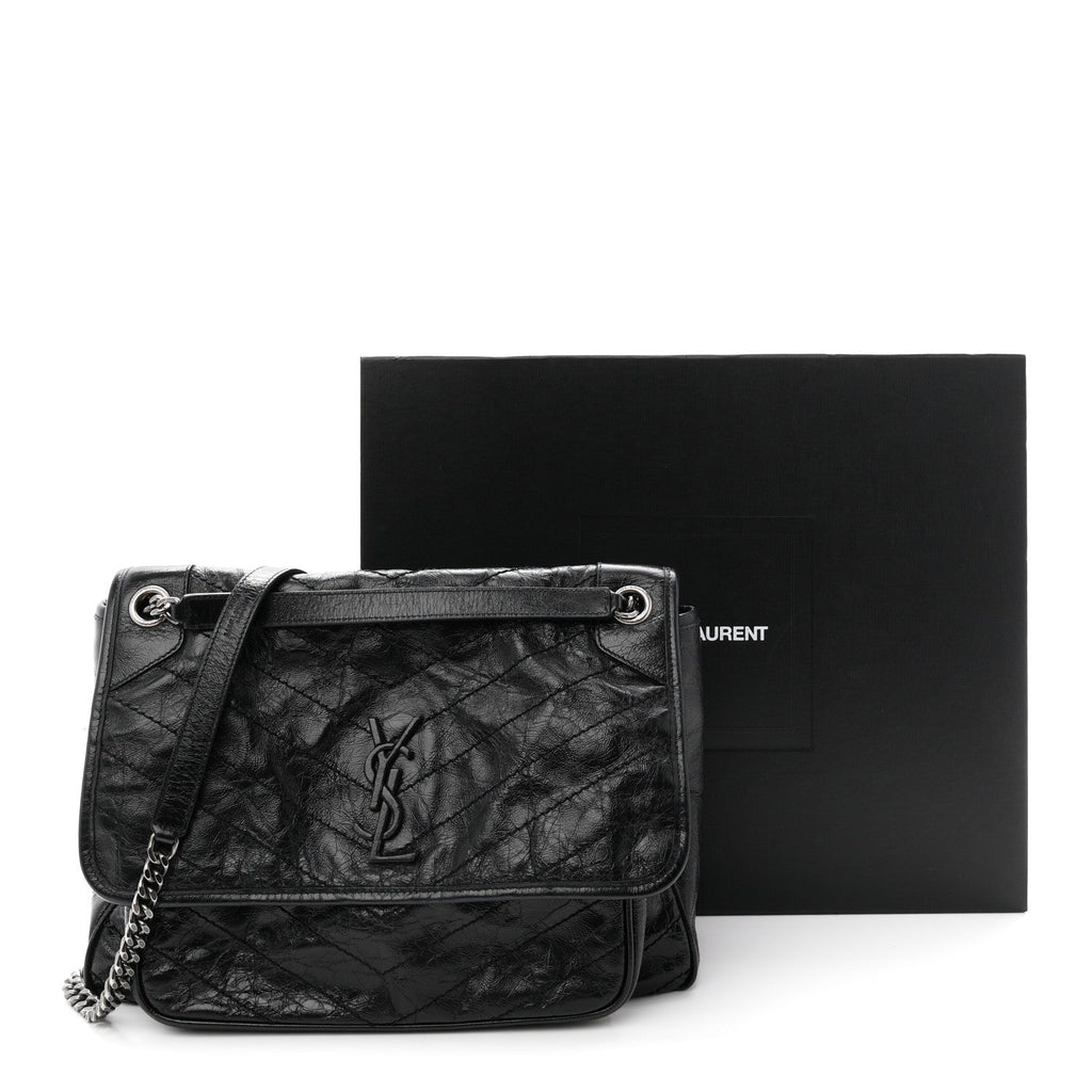 Crinkled Calfskin Matelasse Monogram Large Niki Chain Satchel Black