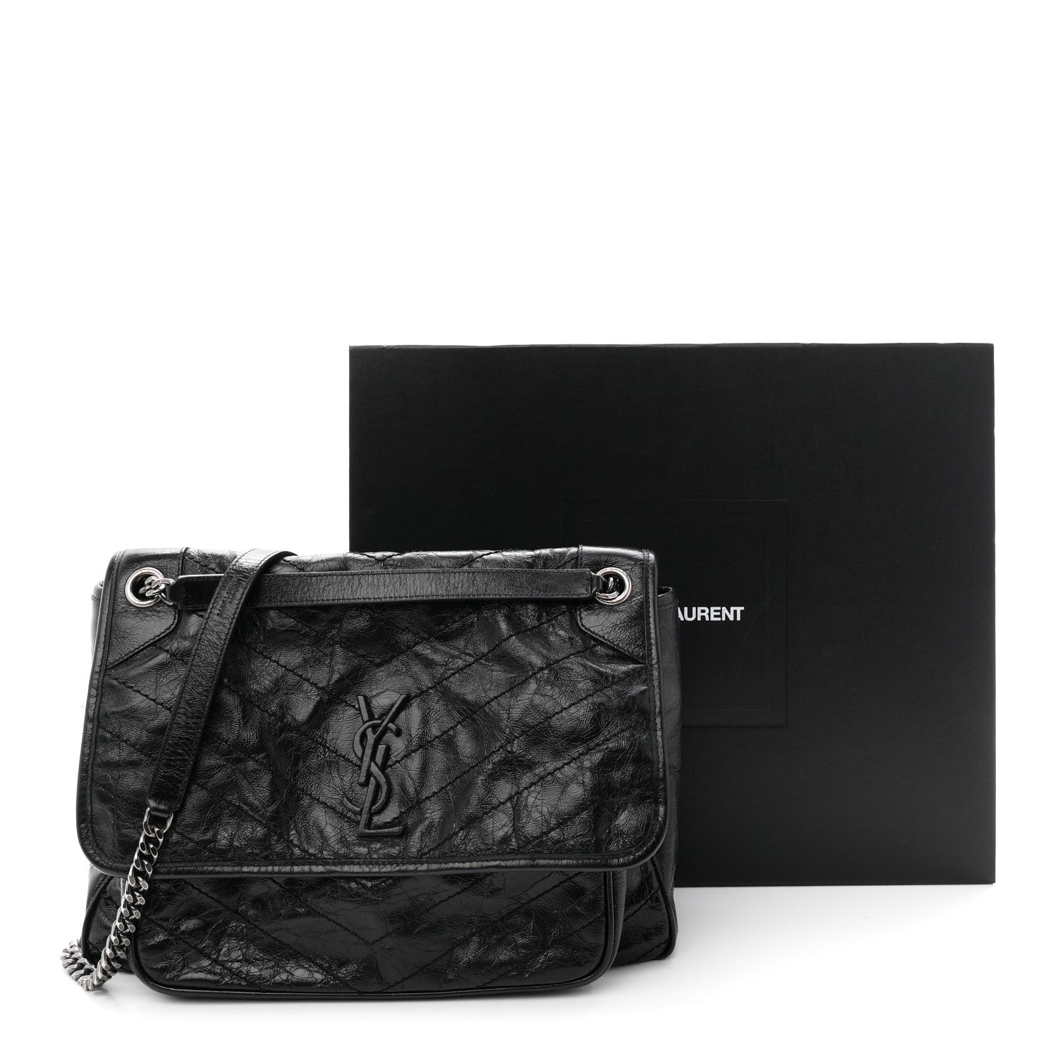 Crinkled Calfskin Matelasse Monogram Large Niki Chain Satchel Black