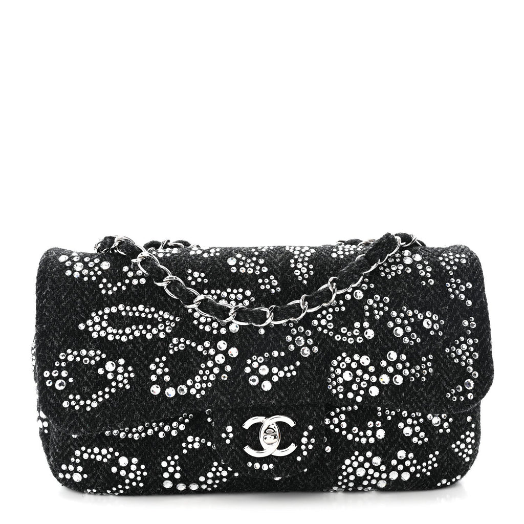 Tweed Swarovski Crystal Leopard Jumbo Flap  Black