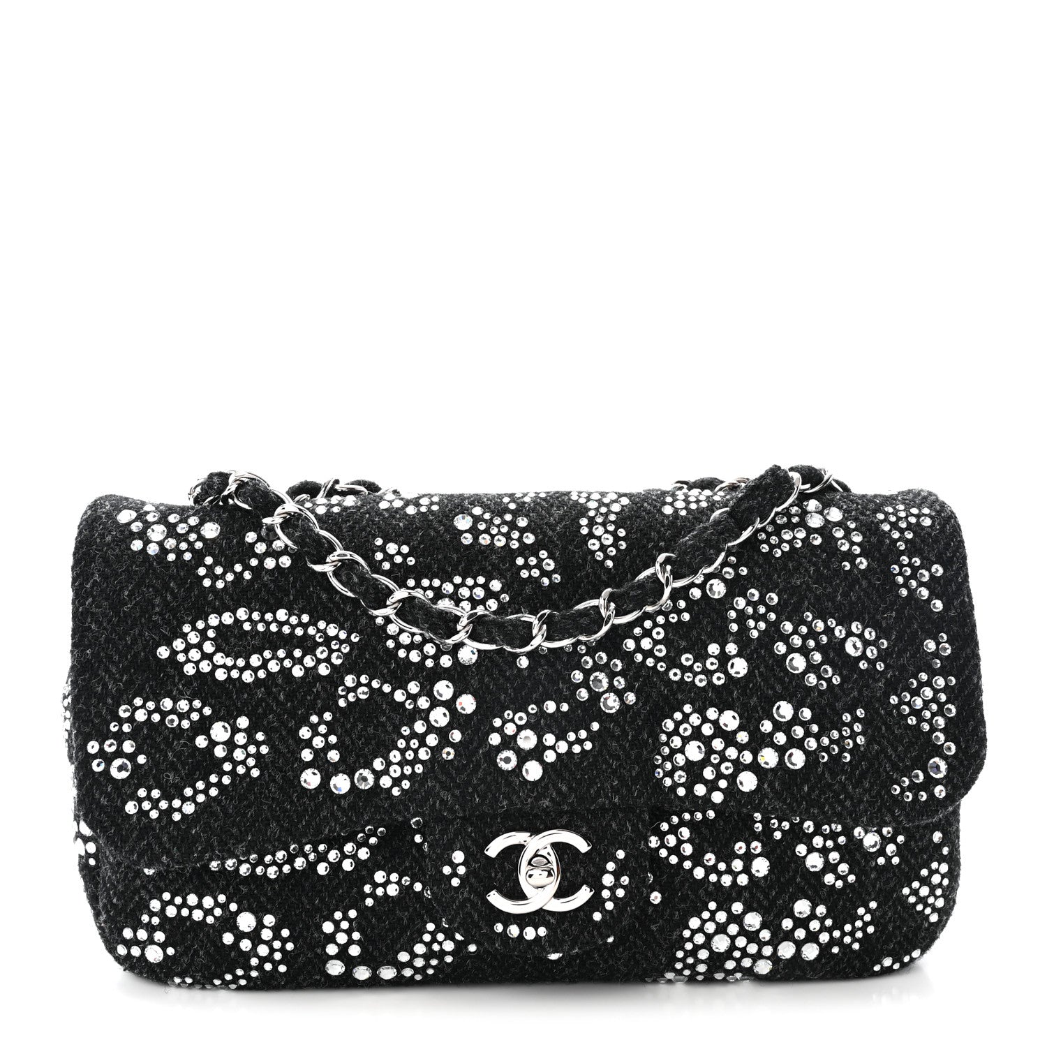 Tweed Swarovski Crystal Leopard Jumbo Flap  Black