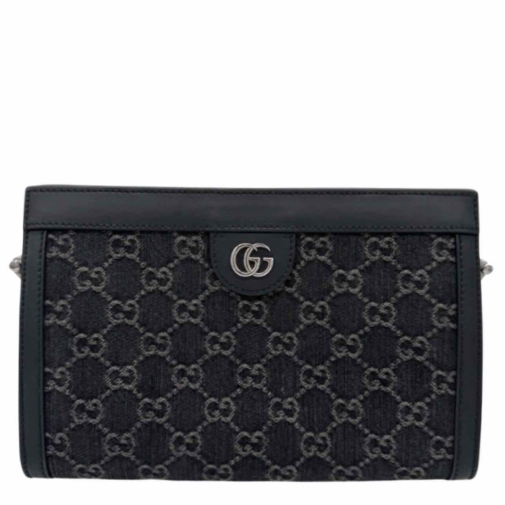 GUCCI Monogram Jacquard Denim Chain Shoulder Bag Black