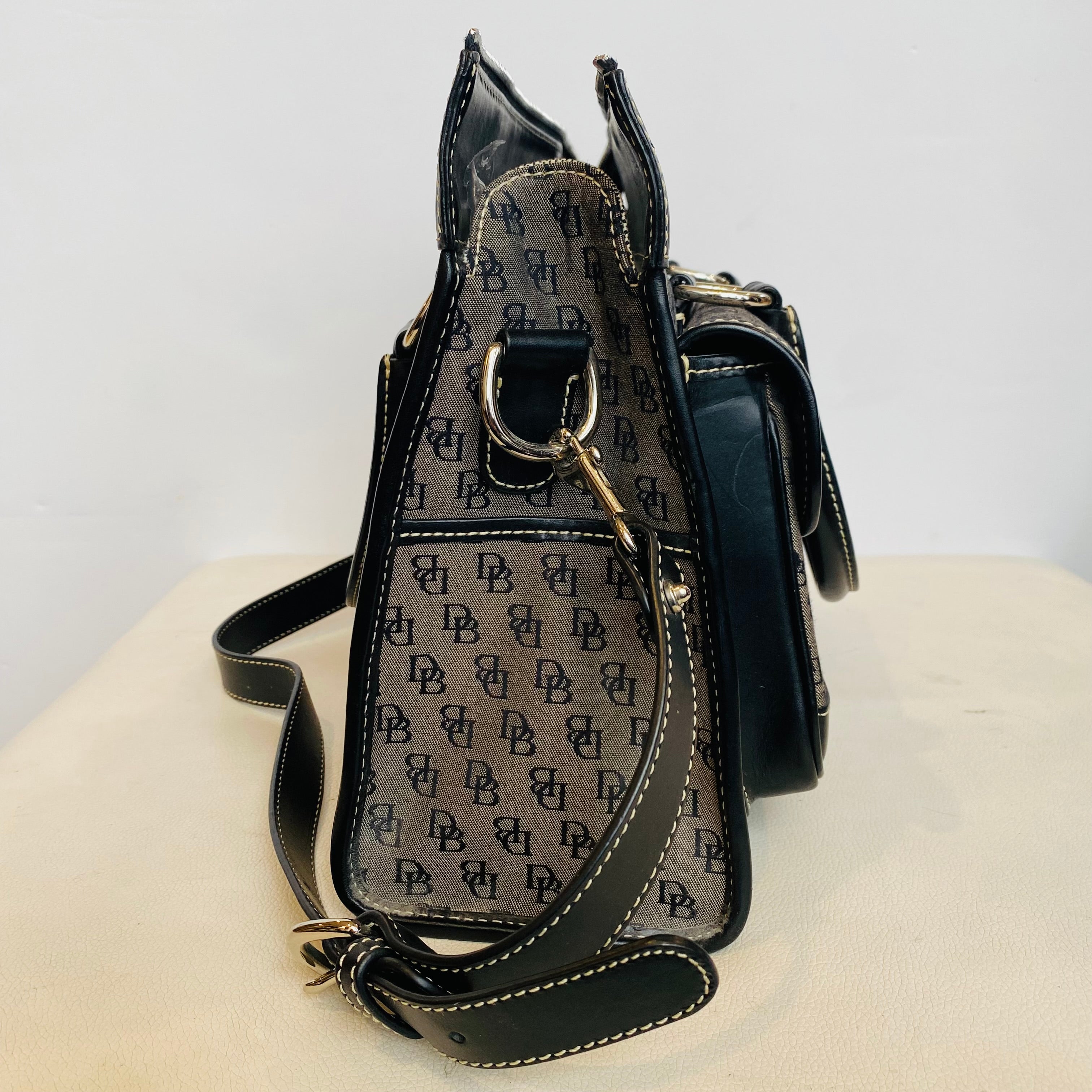 DOONEY & BOURKE Gray Canvas Black Leather Trim Signature Satchel Shoulder Bag Handbag