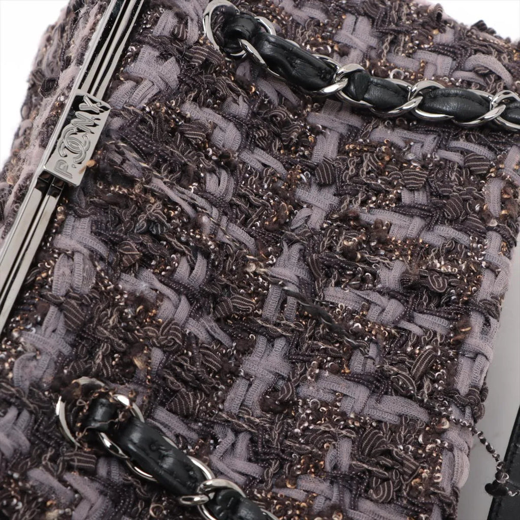 Chanel Paris New York Line Tweed Vanity Chain Handbag Gray X Black