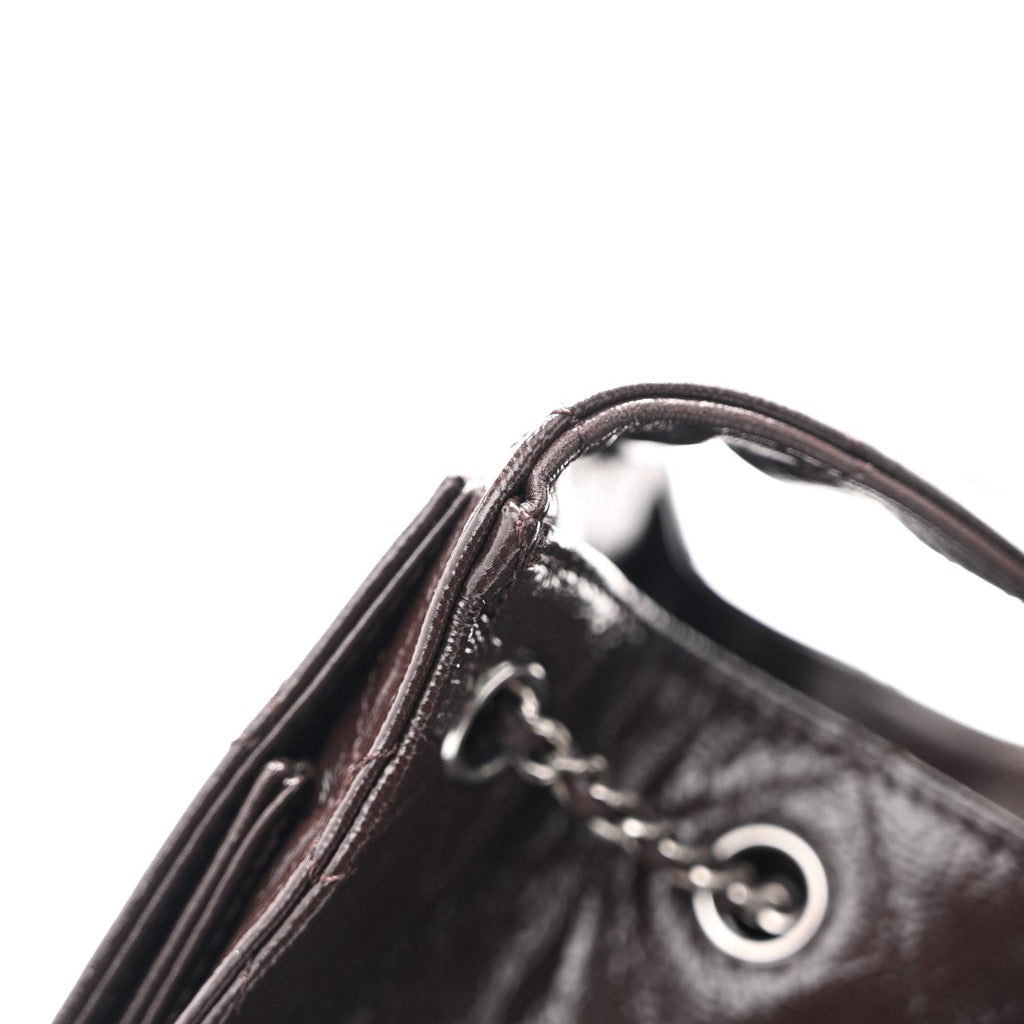 Shiny Crumpled Calfskin Quilted Small Chanel 25 Handbag Dark Brown