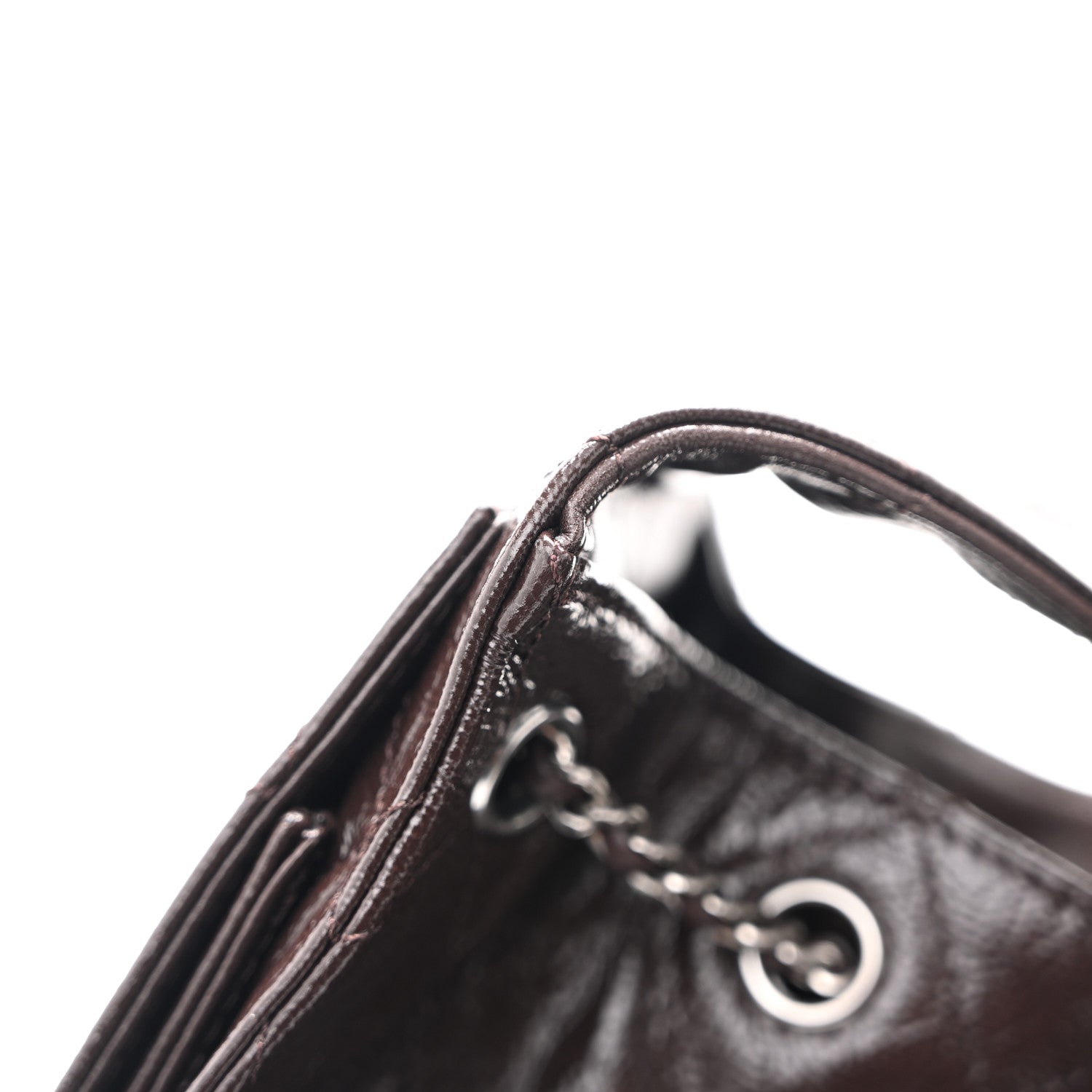 Shiny Crumpled Calfskin Quilted Small Chanel 25 Handbag Dark Brown