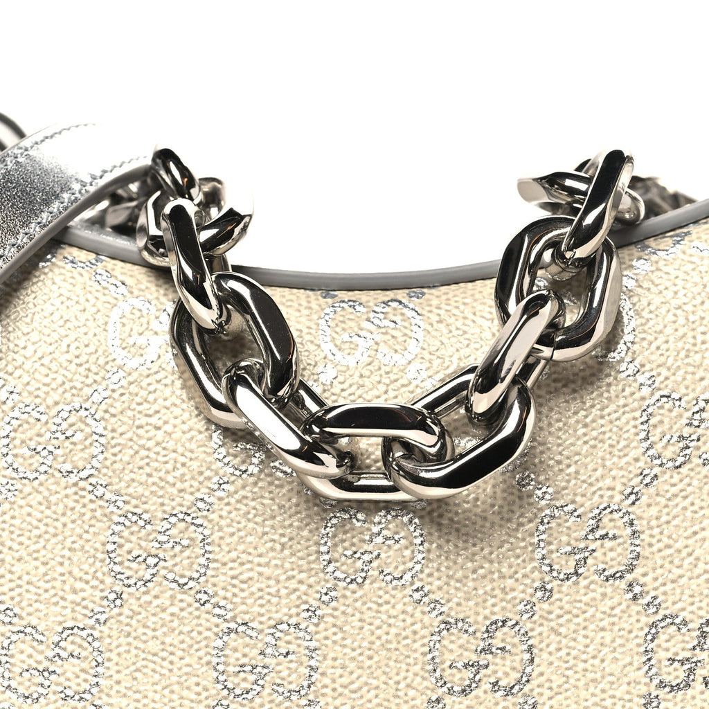 GG Supreme Monogram Metallic Calfskin Small Emblem Shoulder Bag Beige Silver