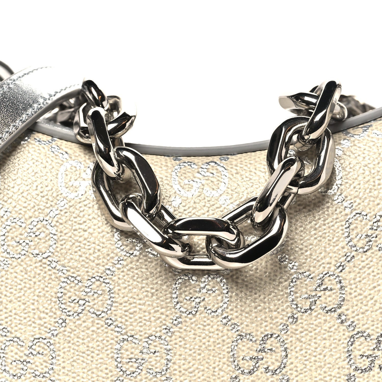 GG Supreme Monogram Metallic Calfskin Small Emblem Shoulder Bag Beige Silver