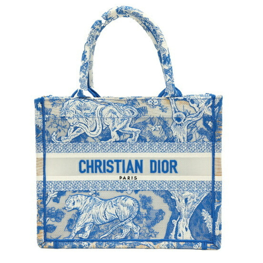 Christian Dior Book Tote Embroidered Leather Blue Canvas Handbag (Authentic  )