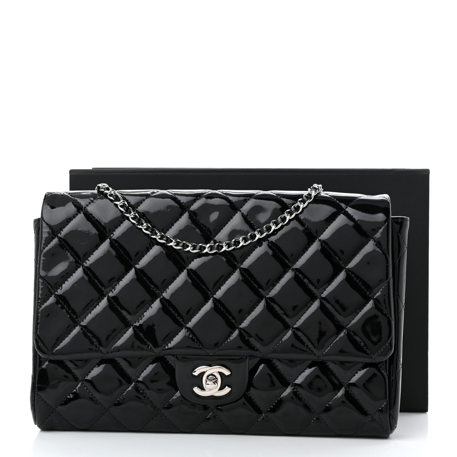 Patent Quilted Clutch with Chain Flap Black