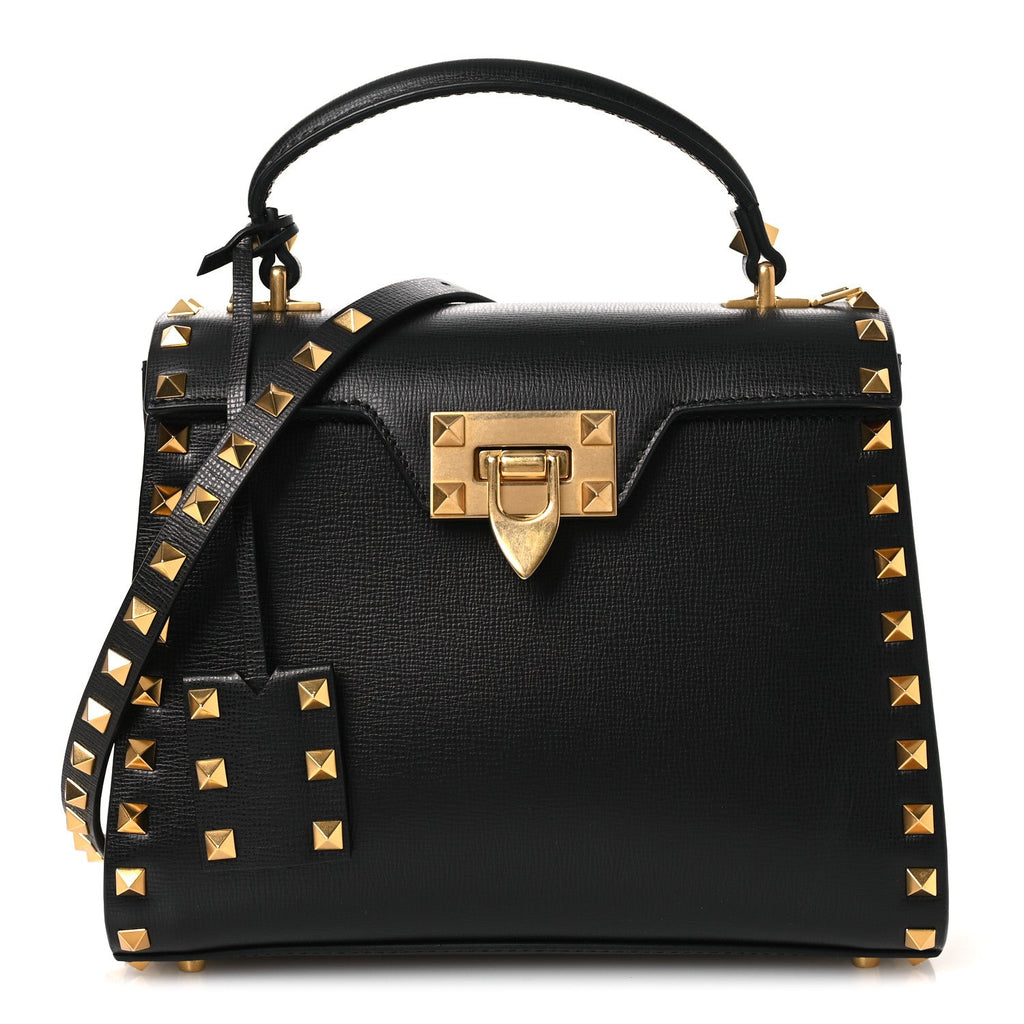 Grainy Calfskin Small Rockstud Alcove Top-Handle Flap Bag Black