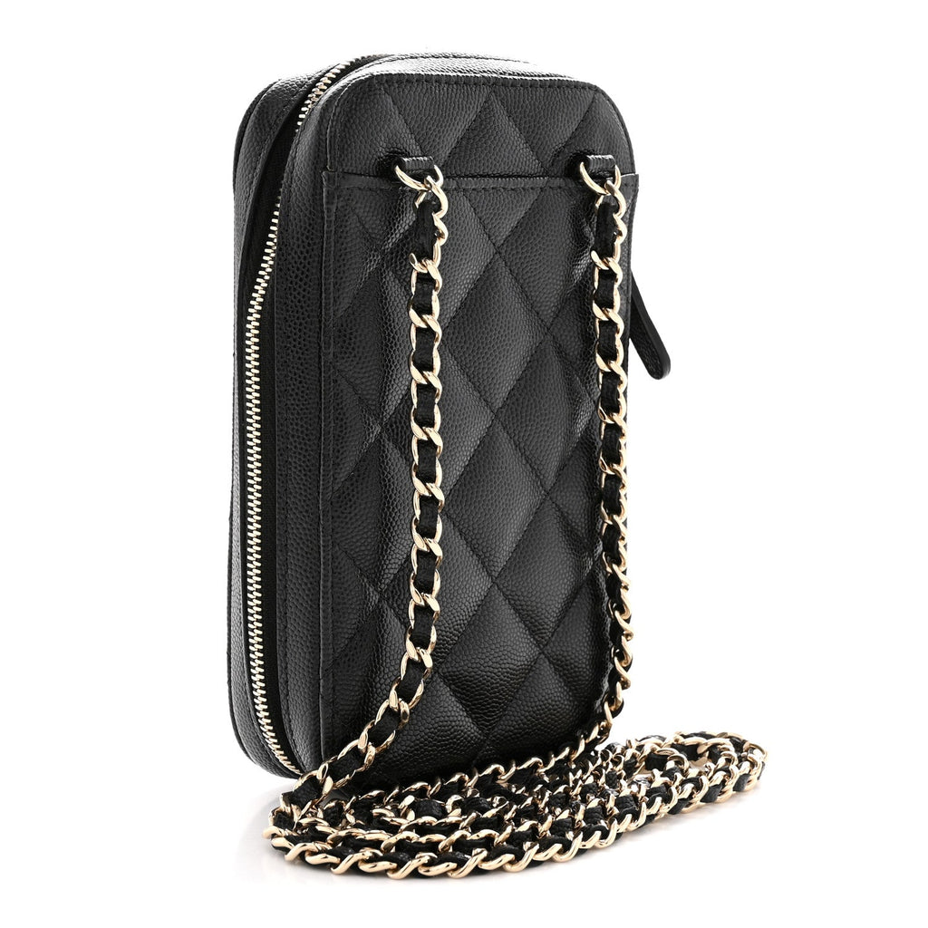 Caviar Quilted Phone Holder Wallet On Chain WOC Black Black