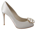 Dolce & Gabbana White Crystals Peep Toe Heels Satin Pumps Women's Shoes