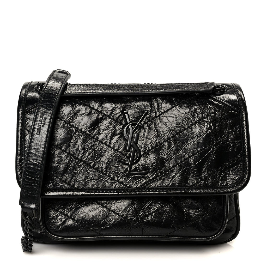 Crinkled Calfskin Matelasse Monogram Baby Niki Chain Satchel Black