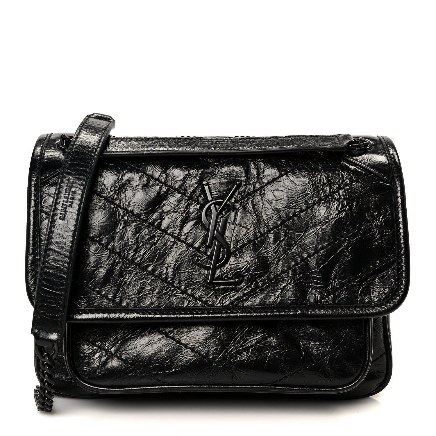 Crinkled Calfskin Matelasse Monogram Baby Niki Chain Satchel Black