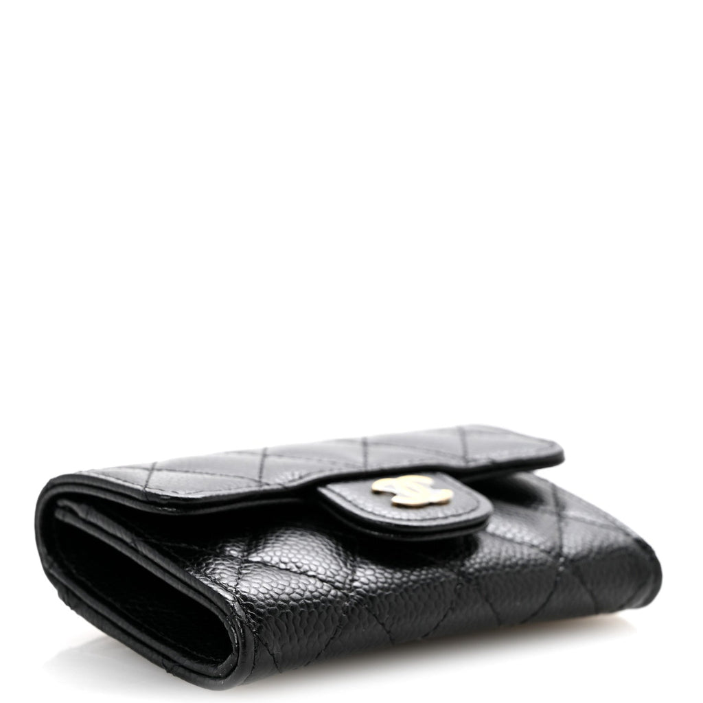 Caviar Quilted Flap Card Holder Wallet Black