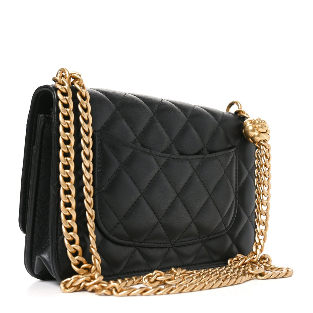 Lambskin Quilted Sweet Camellia Wallet on Chain WOC Black