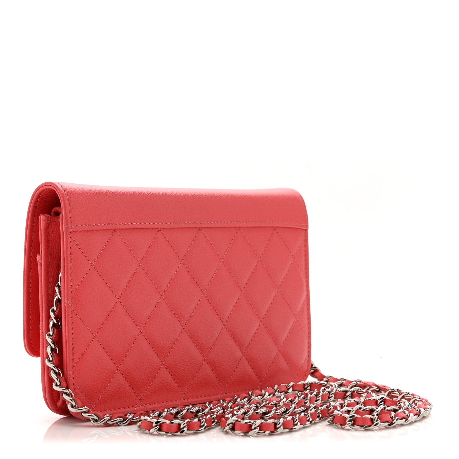 Grained Calfskin Quilted CC Box Wallet On Chain WOC Pink Pink