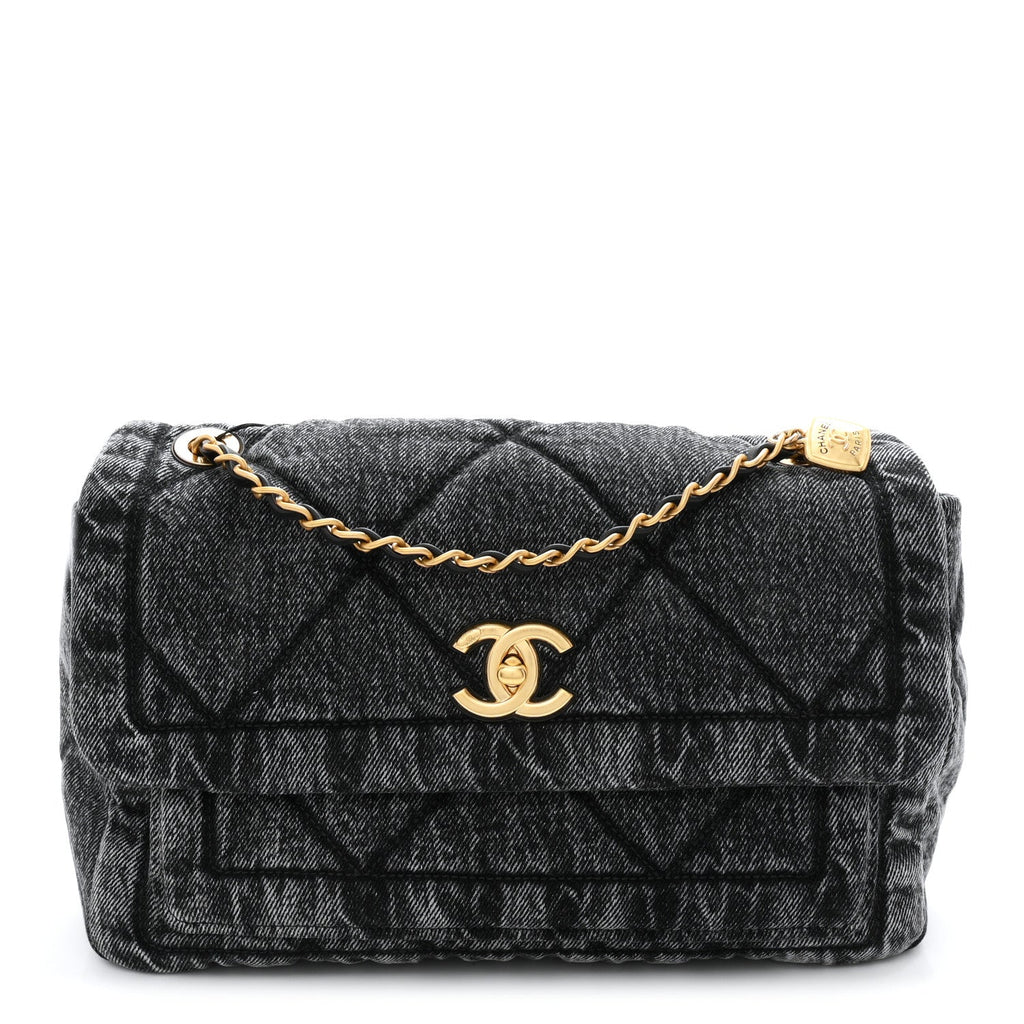 Washed Denim Quilted Large Flap Bag Black