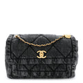 Washed Denim Quilted Large Flap Bag Black