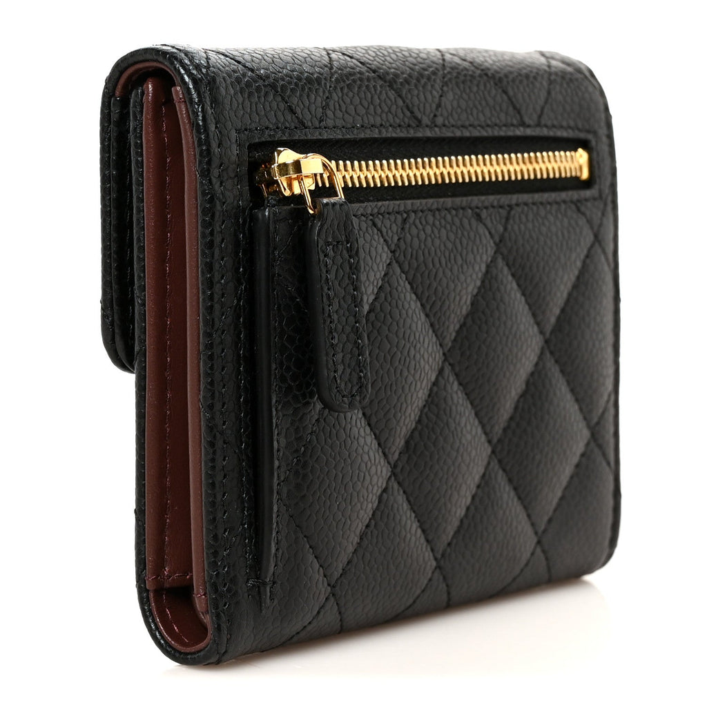 Caviar Quilted Compact Flap Wallet Black