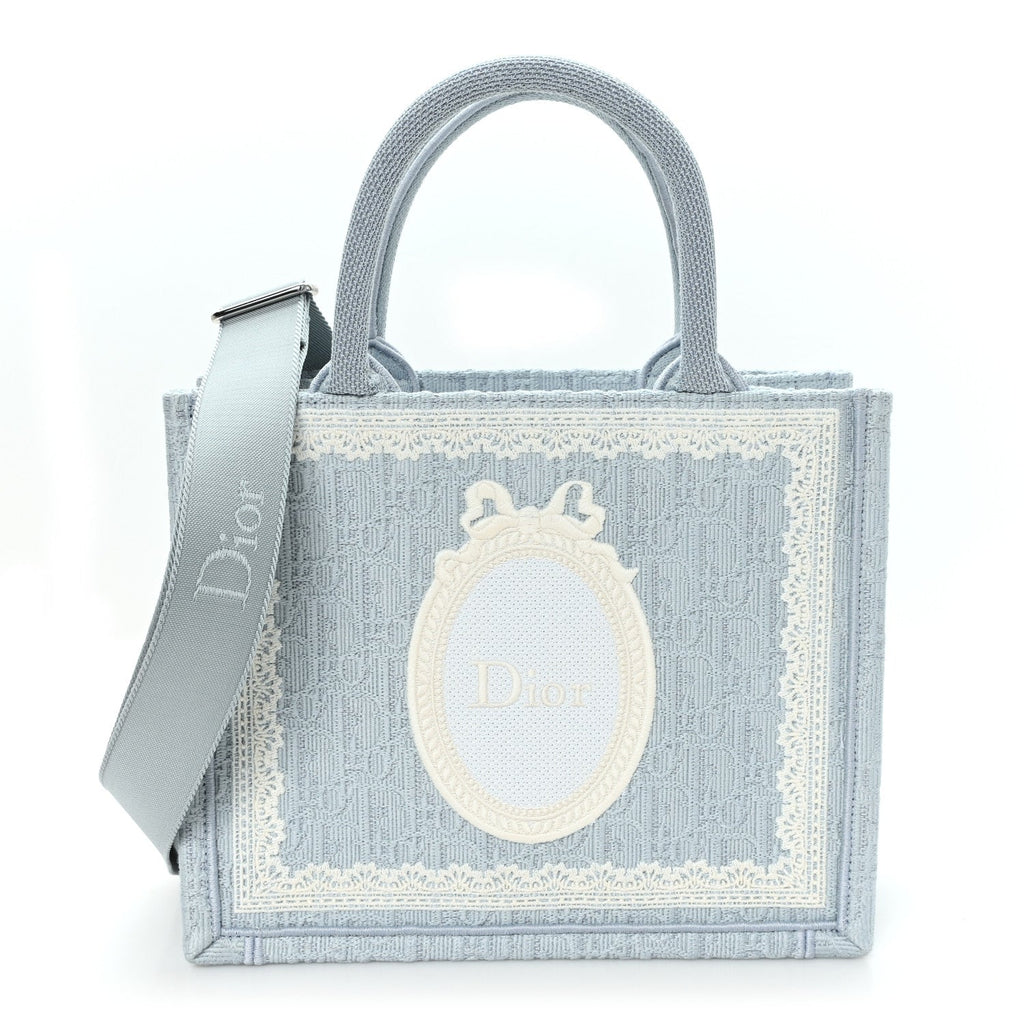Oblique Embroidered Lace Dior Medallion Small Book Tote With Strap Celestial Blue White