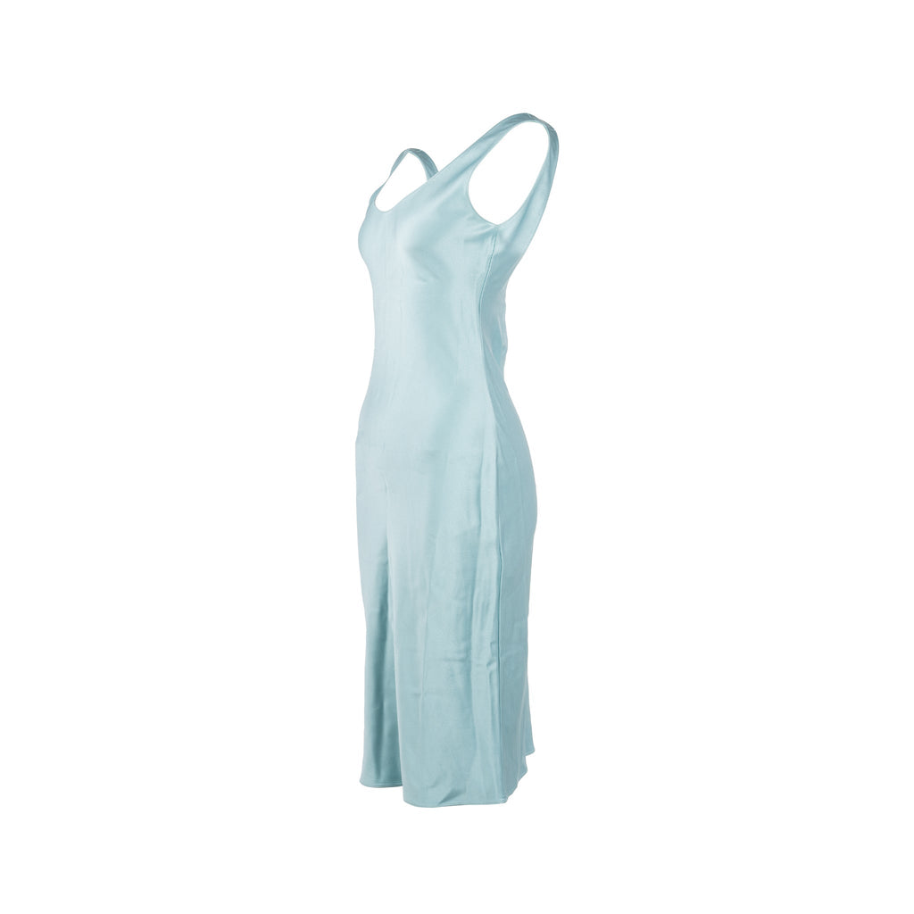 Chanel Size 34 23P Satin Midi Dress Silk Turquoise Blue