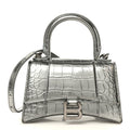 Metallic Calfskin Crocodile Embossed Hourglass Top Handle Bag XS Silver