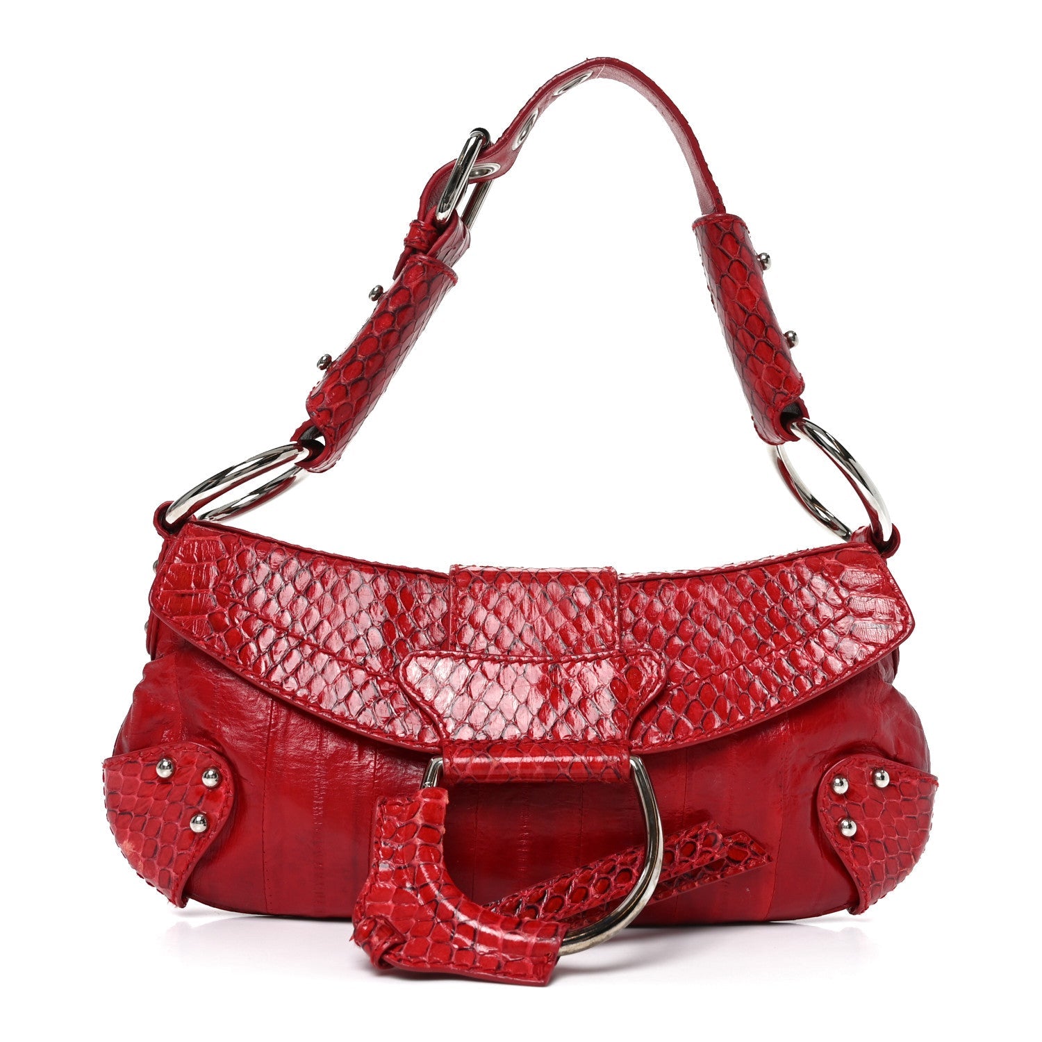 Snakeskin Eel O-Ring Baguette Shoulder Bag Red