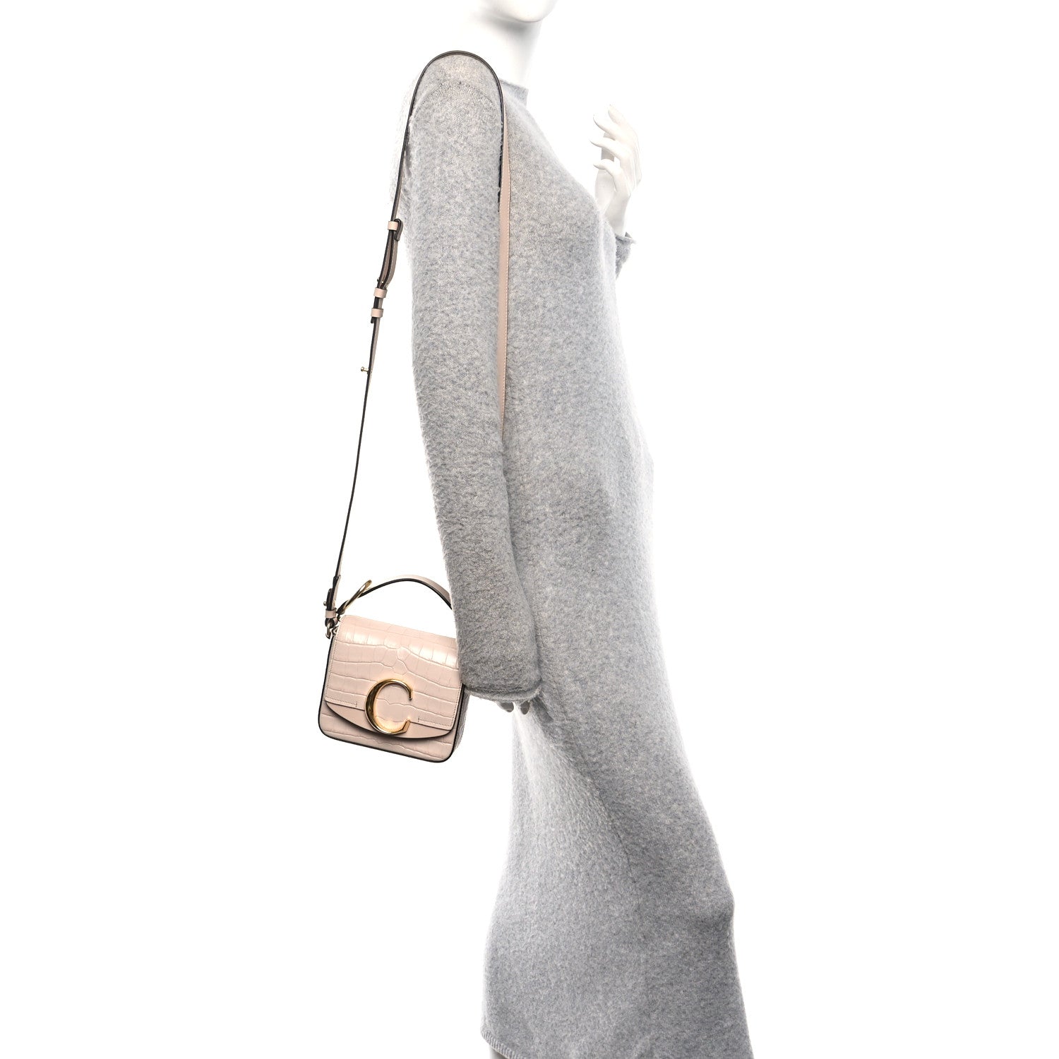 Calfskin Crocodile Embossed Mini C Double Carry Cement Pink