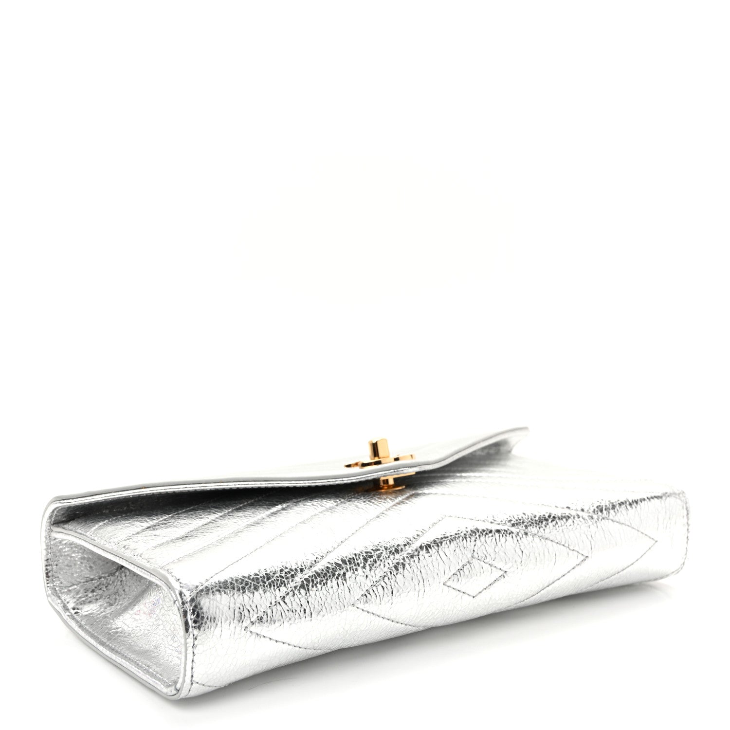 Metallic Aged Calfskin Chevron Quilted Top Handle Envelope Clutch Silver