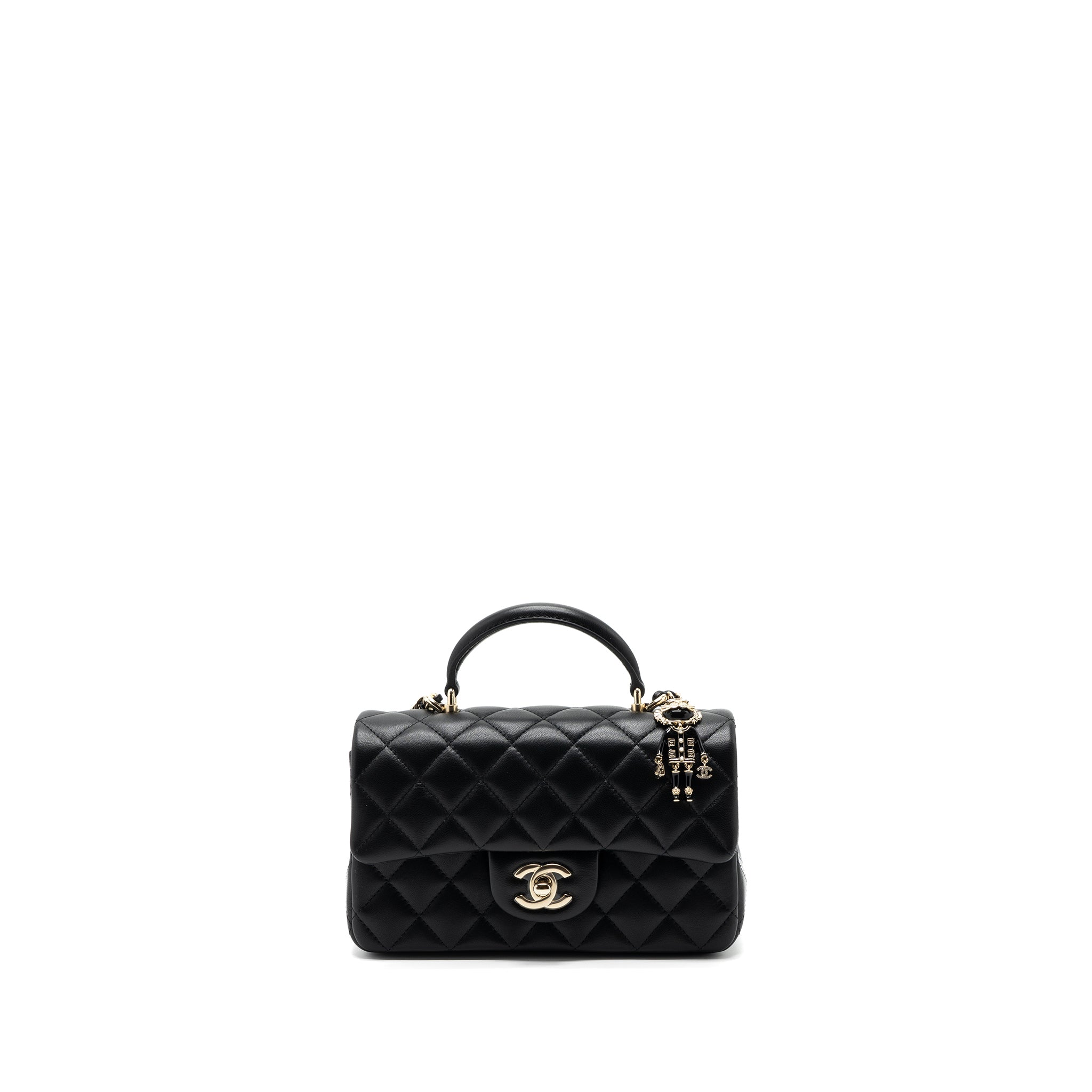 Chanel 22P Lion Charm Top Handle Mini Rectangular Flap Bag Lambskin Black L (microchip)