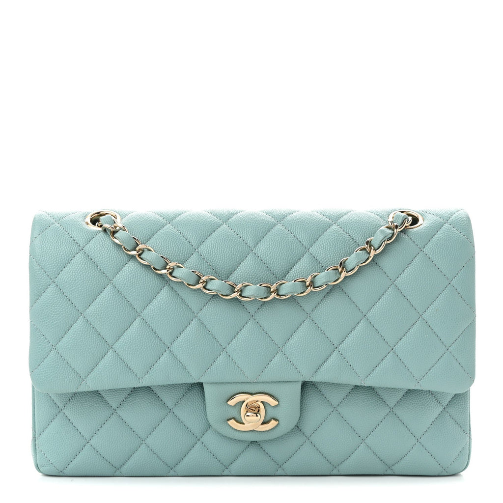 Caviar Quilted Medium Double Flap Light Blue Light Blue