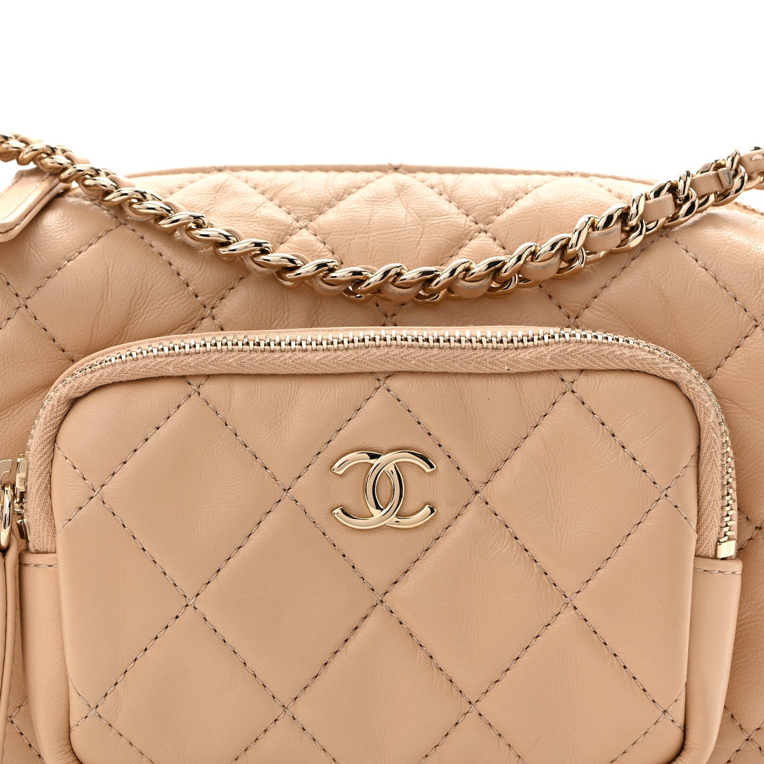Shiny Crumpled Lambskin Quilted Small Preppy Pocket Camera Case Beige