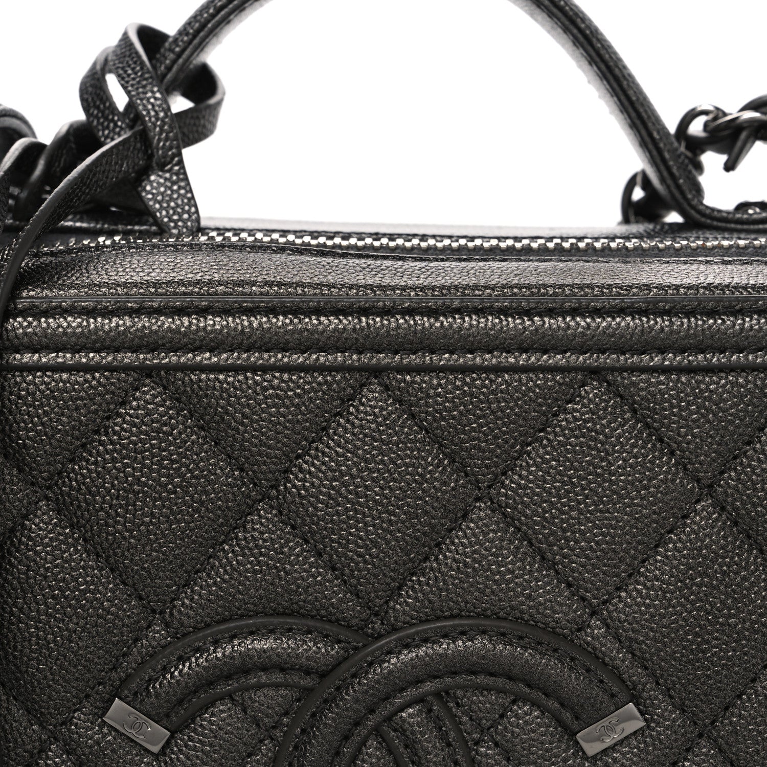 Metallic Caviar Quilted Medium CC Filigree Vanity Case Dark Silver