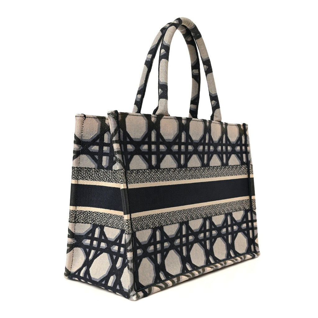 Canvas Macrocannage Embroidered Medium Book Tote Beige Blue