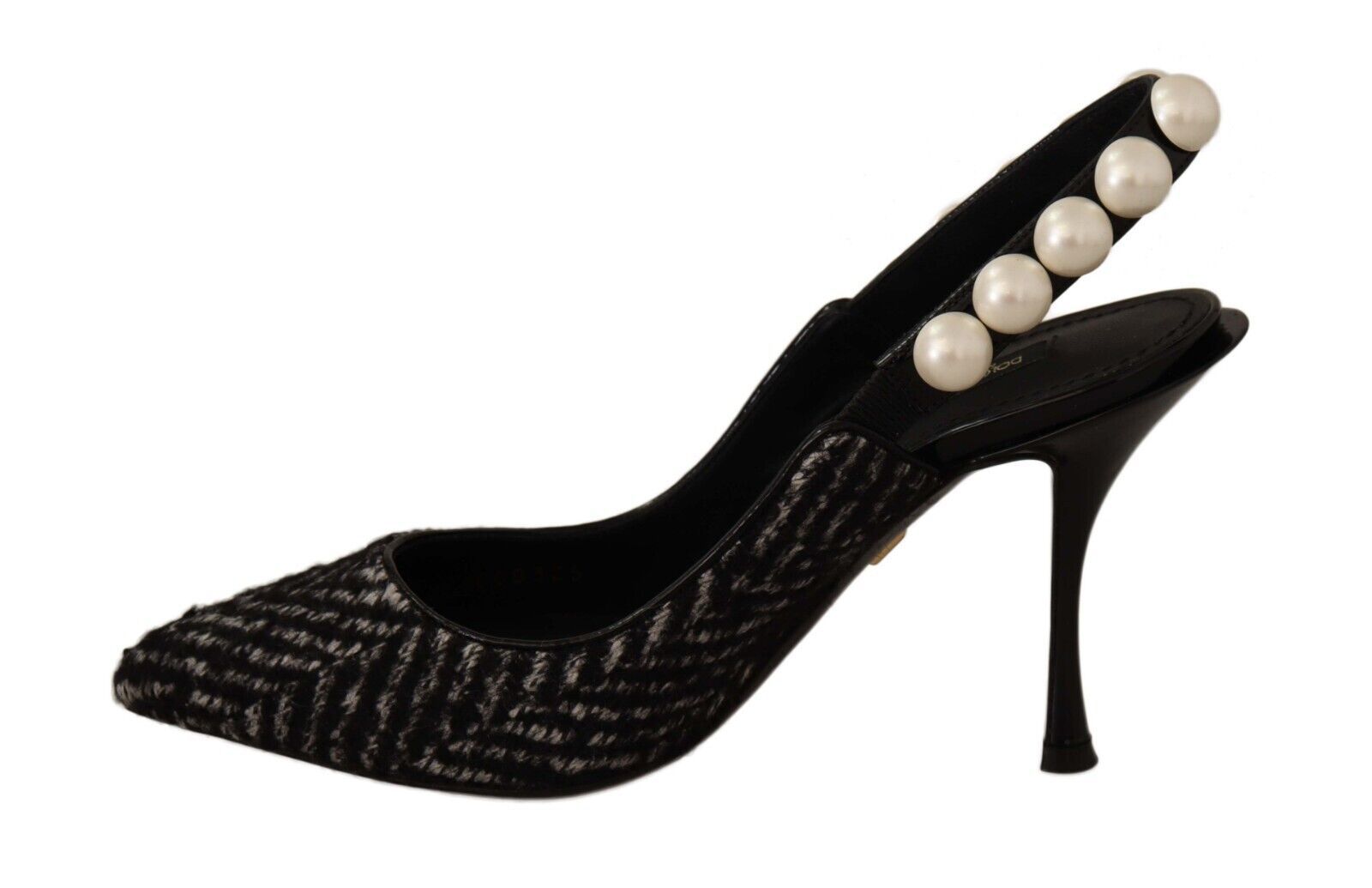 Dolce & Gabbana Lori Chevron Tweed Pearl Slingback Pumps Black Gray